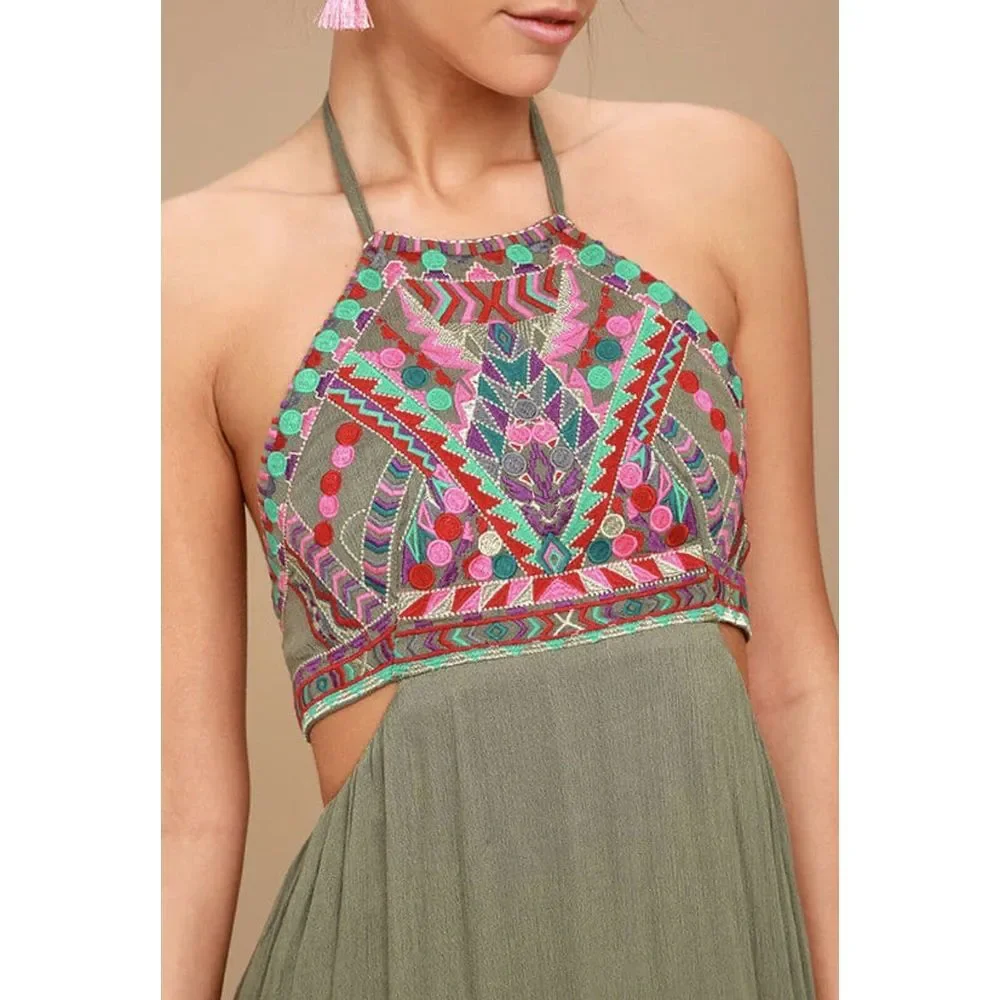 Lulus Little Beach Olive Green Lined Cutout‎ Embroidered Maxi Dress NWT L - Picture 4 of 15